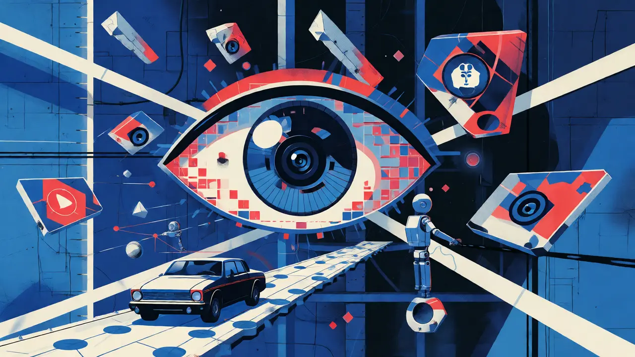 Constructivist artwork depicting AI monitoring real-time data for future insurance models.