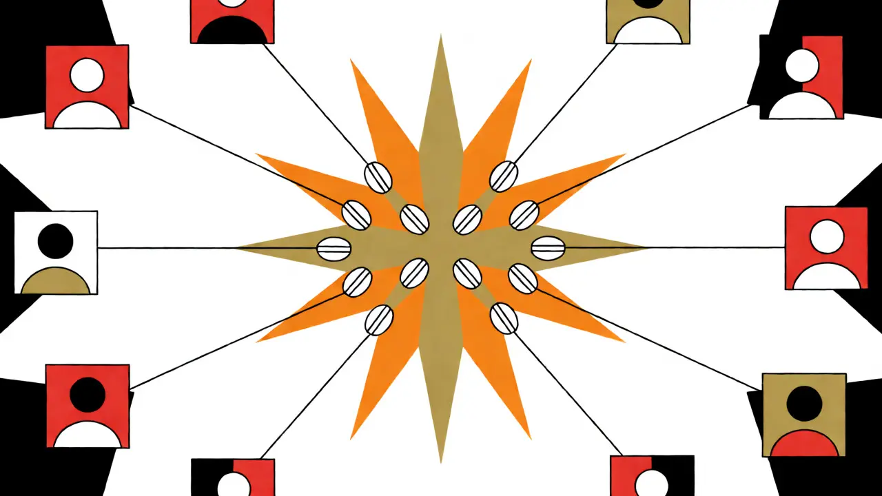 Constructivist style artwork depicting the distribution of solar tokens to users.