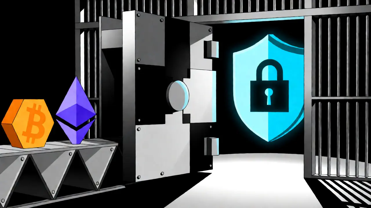 Constructivist-style secure vault with crypto assets entering, representing FSA-regulated safety.