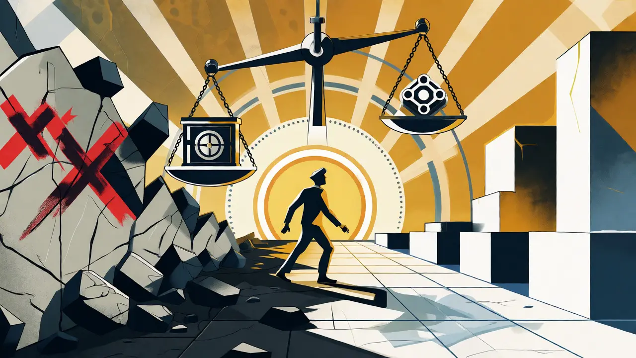 Figure stepping from broken walls into a bright, regulated geometric landscape.
