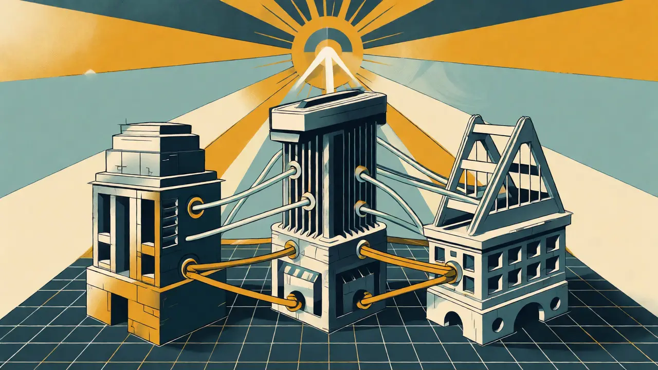Geometric architectural structures symbolizing hybrid crypto models for 2026