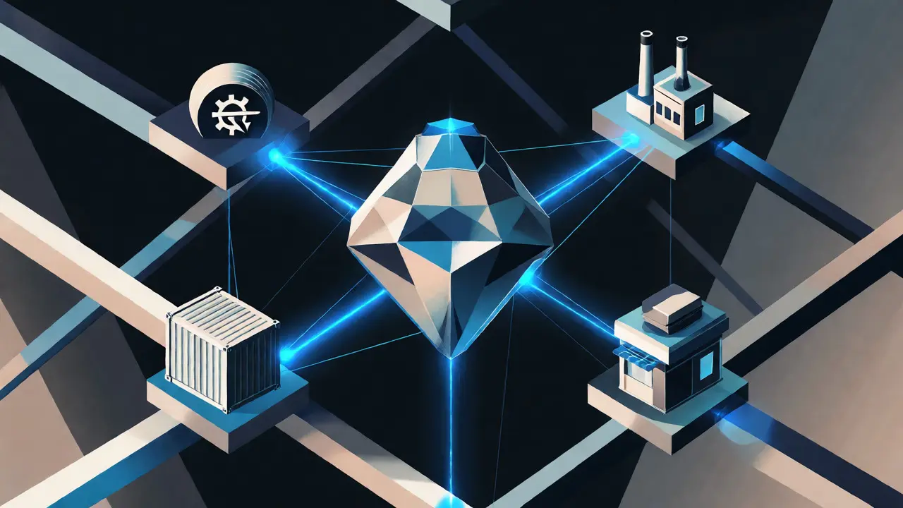Geometric art showing an NFT digital token connecting farm, factory, and retail via blockchain.