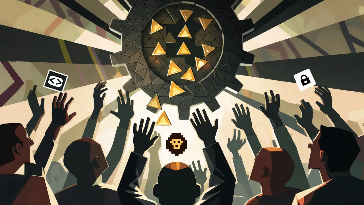 Geometric artwork depicting Namada airdrop distribution to developers and stakers