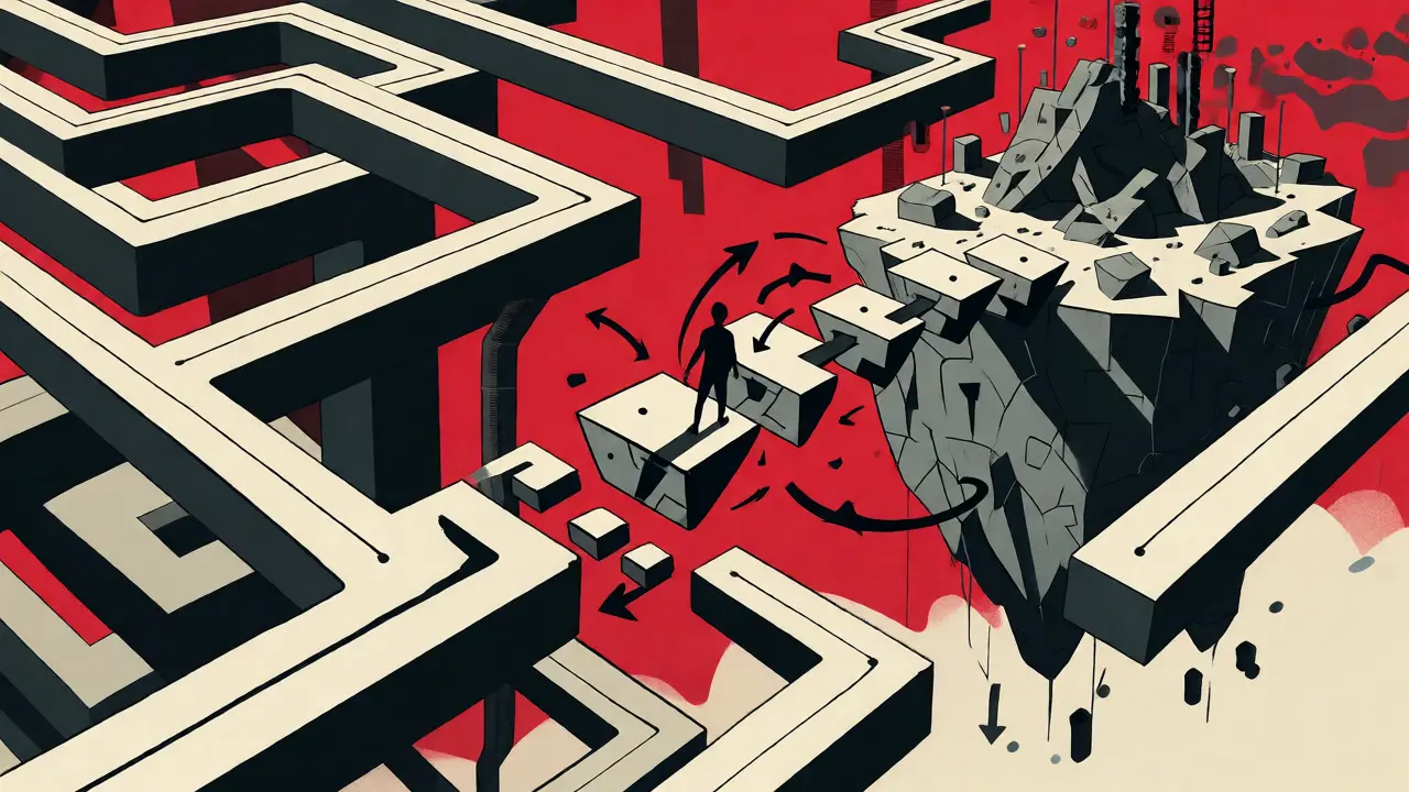 Geometric artwork depicting the complex journey between centralized and decentralized crypto markets.