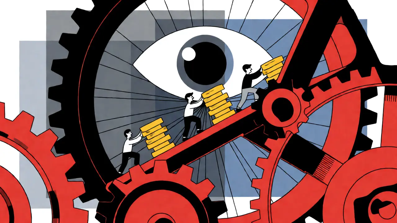 Geometric artwork showing figures trading against mechanical gears and fee structures.