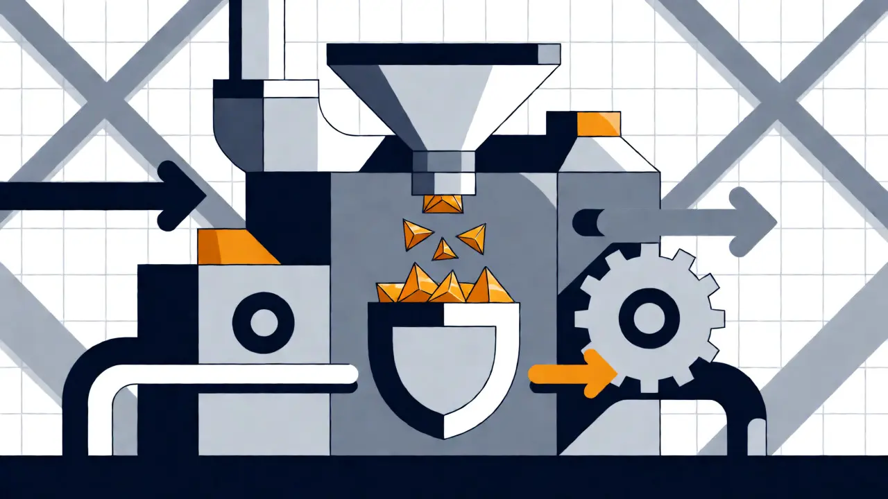 Geometric machinery pouring reward shards into a bin, symbolizing DeFi liquidity farming.