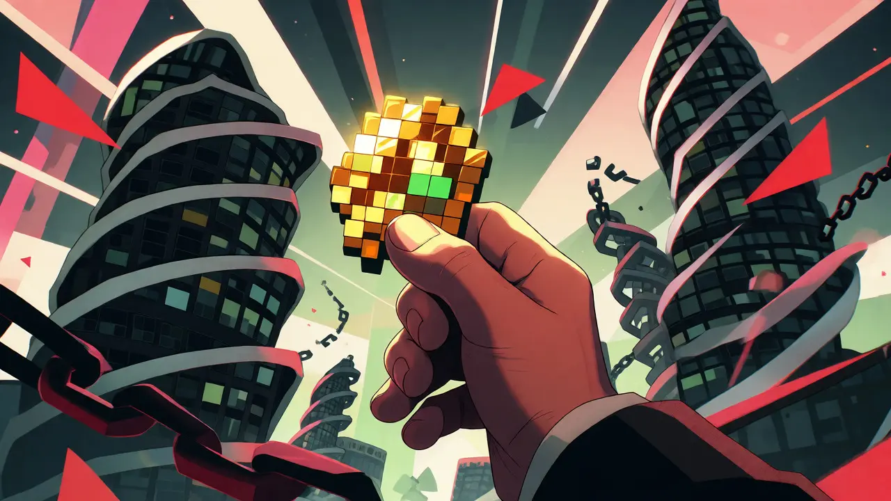 Hand holding a crypto token amidst unstable geometric market structures