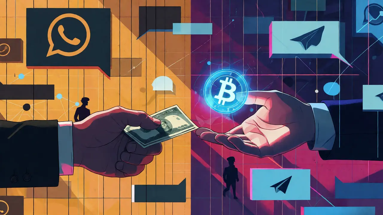 Hands exchanging cash for digital coins amidst abstract chat bubble shapes.