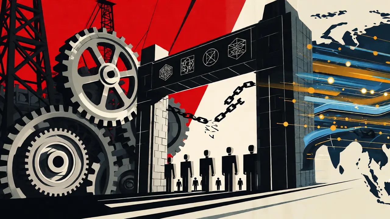 Industrial gears and digital streams crossing borders, blocking small businesses from ELR access.