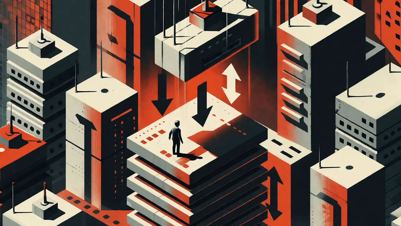 Isometric view of a digital city with a block descending into the ledger stack.