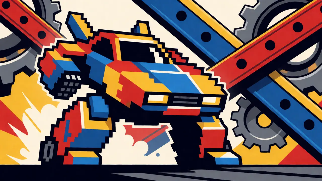 Pixel-art mecha car in Constructivist battle pose