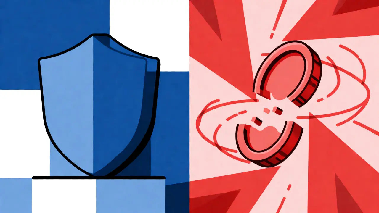 Split-screen cartoon comparing secure blue geometric blocks against chaotic red risk symbols.
