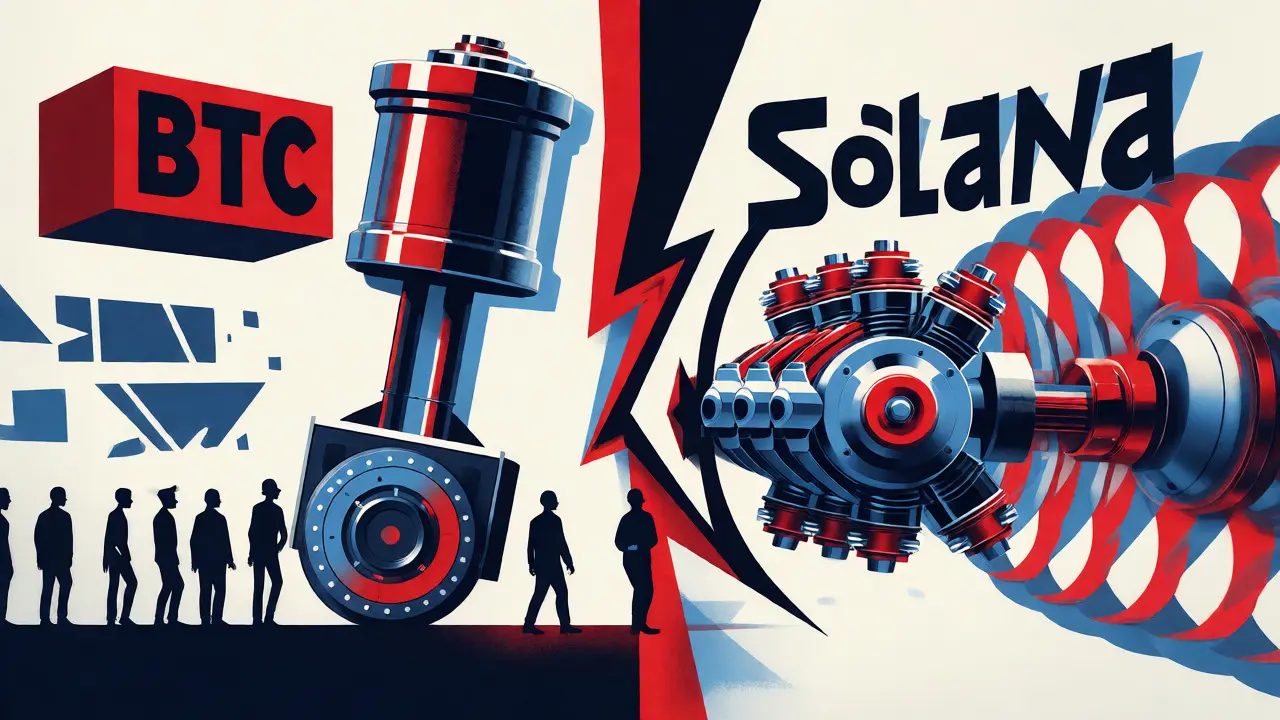 Split-screen cartoon comparing slow Bitcoin mining pistons with fast alternative chain engines.