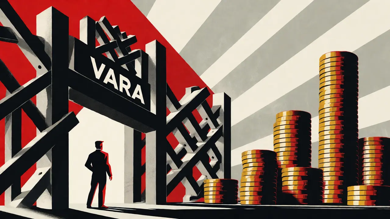 Stylized entrepreneur facing a large gate with capital reserves in constructivist style