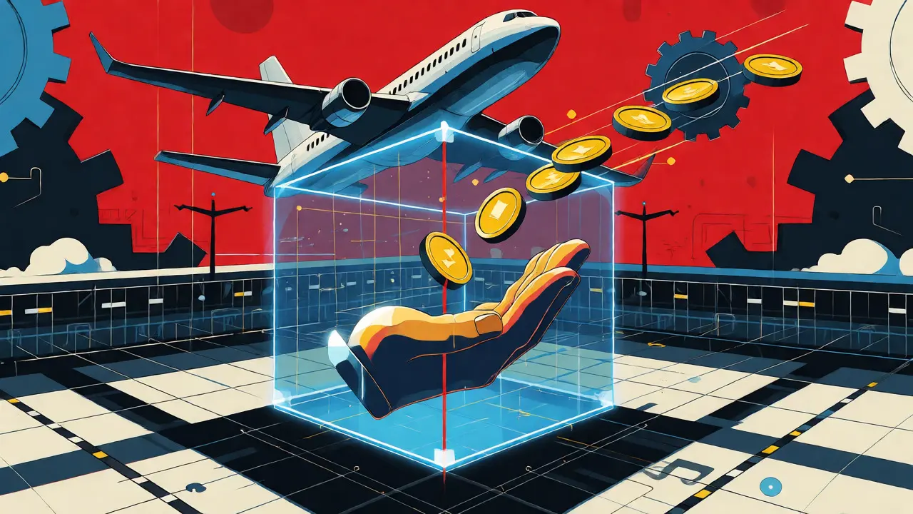 Stylized graphic of an airplane and instant payout via a glowing blockchain cube.