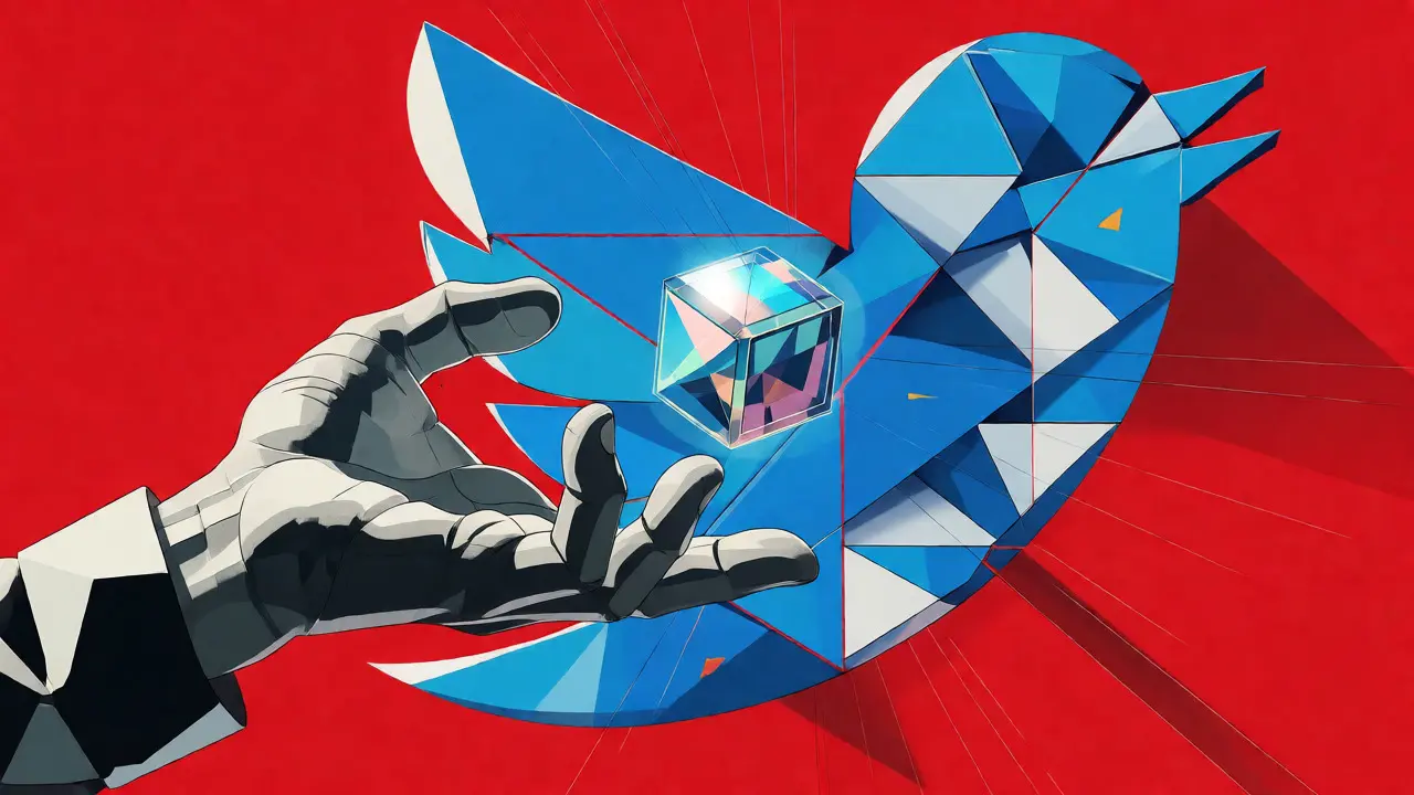 Stylized hand grabbing an NFT cube with abstract social media icons