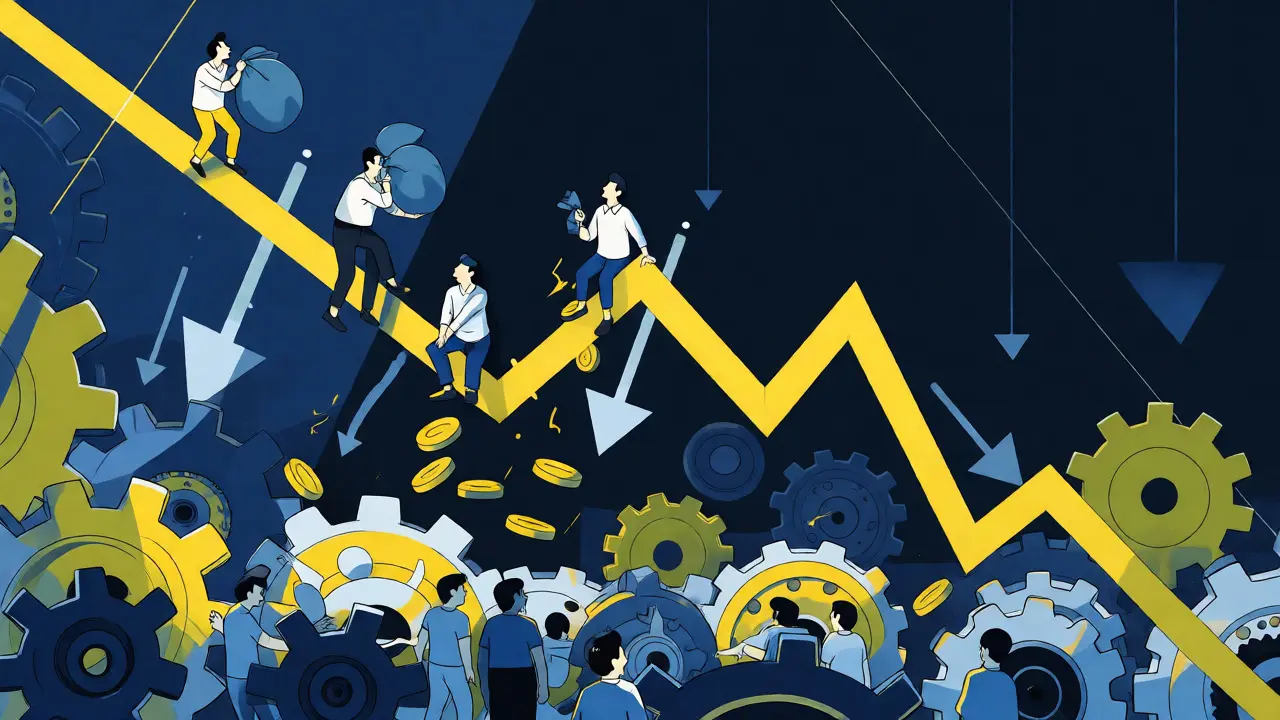 Stylized illustration of a crypto price crash with insiders dumping tokens on retail investors.