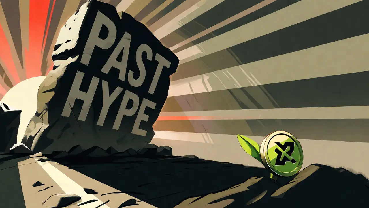 Stylized image showing a small ZIP token overshadowed by a crumbling monument of past hype.
