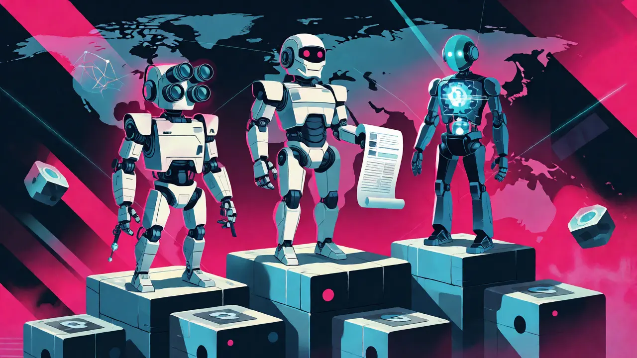 Stylized robots representing different crypto compliance tools standing on blockchain blocks.