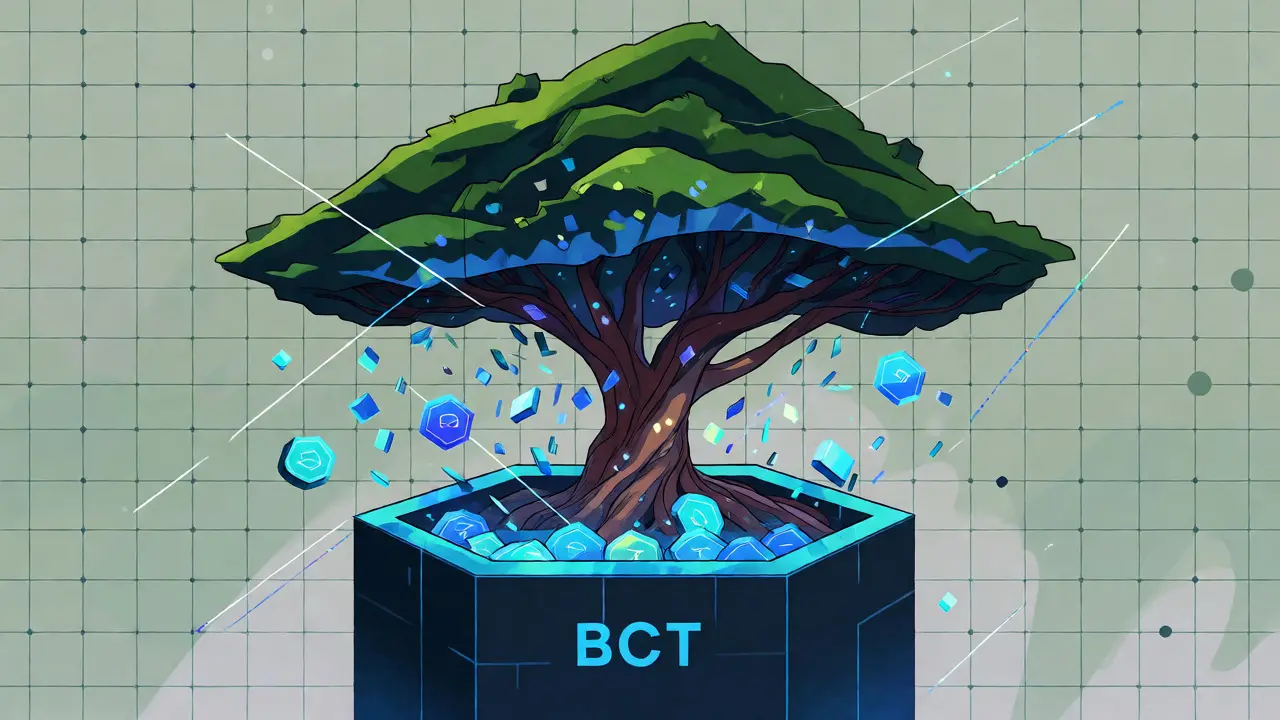 Stylized tree turning into geometric tokens flowing into a digital pool
