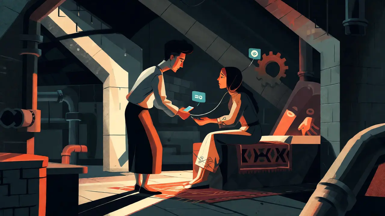 Underground crypto trade scene with two people exchanging via phone in shadows