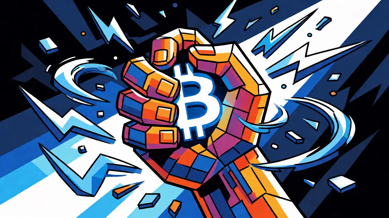 A strong geometric hand gripping a Bitcoin symbol amidst chaotic abstract shapes.