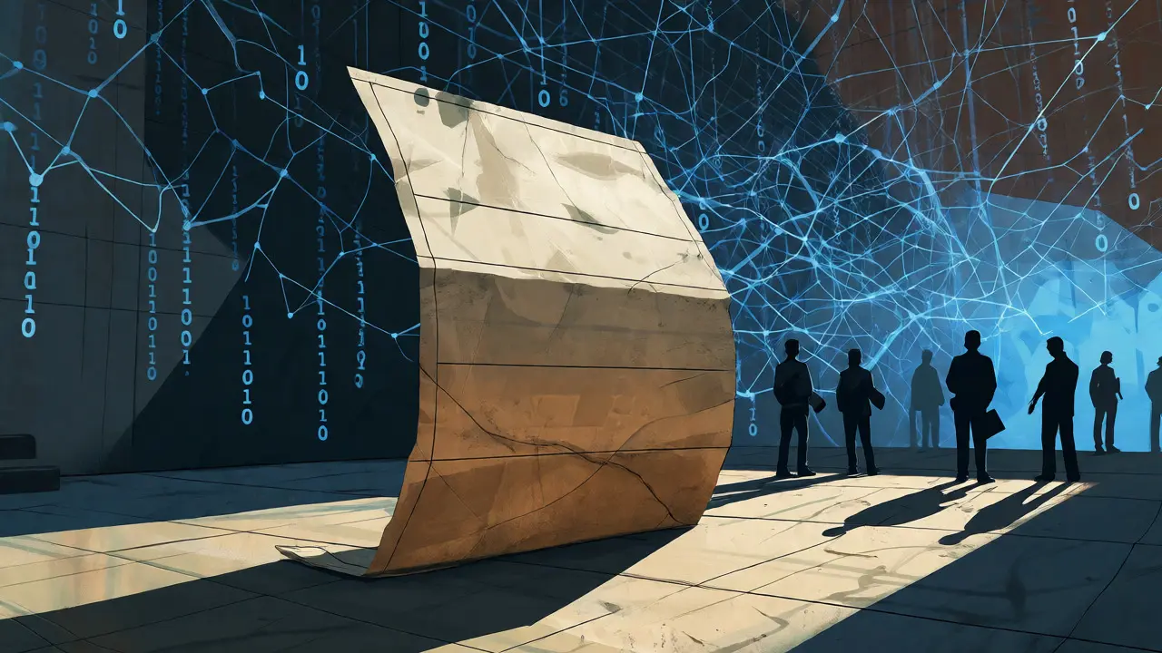 A sturdy paper ballot standing firm against a backdrop of digital networks.