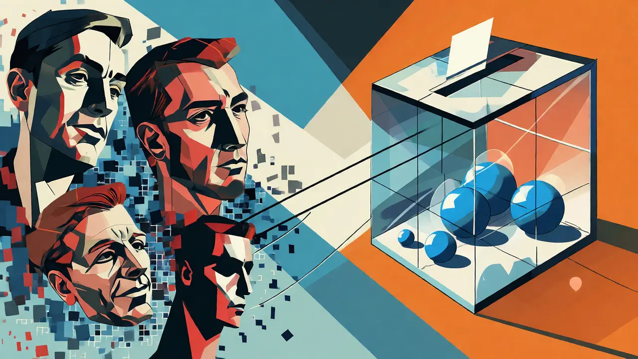 Abstract celebrity faces connected to a geometric voting box