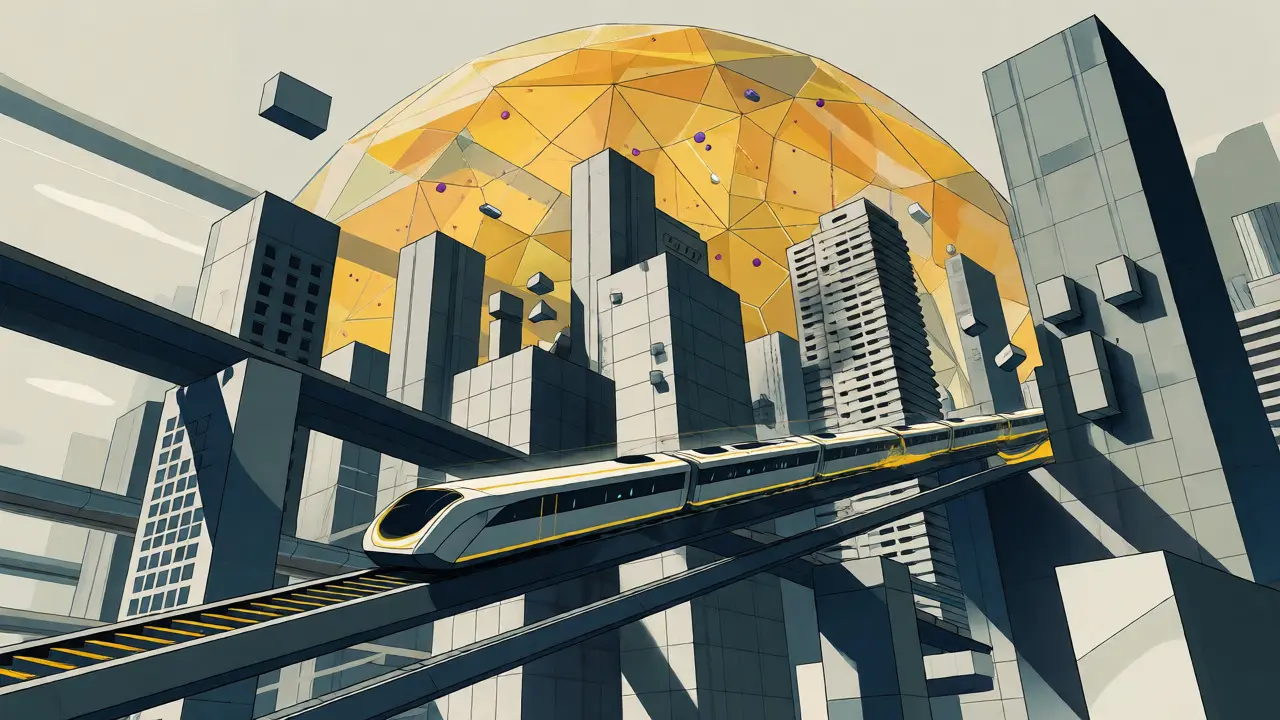 Abstract cityscape under a polygonal shield representing scalable and private blockchain transactions.