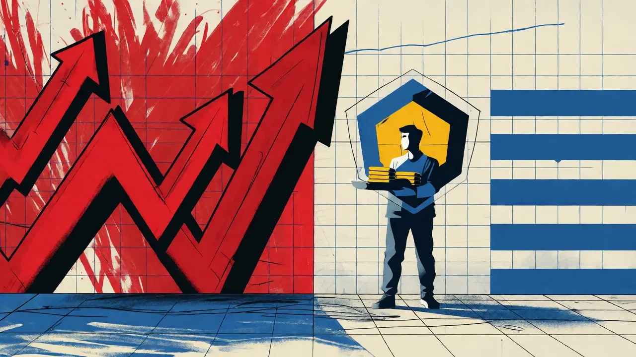 Abstract constructivist depiction of market volatility with opposing red arrows and blue stability bars.