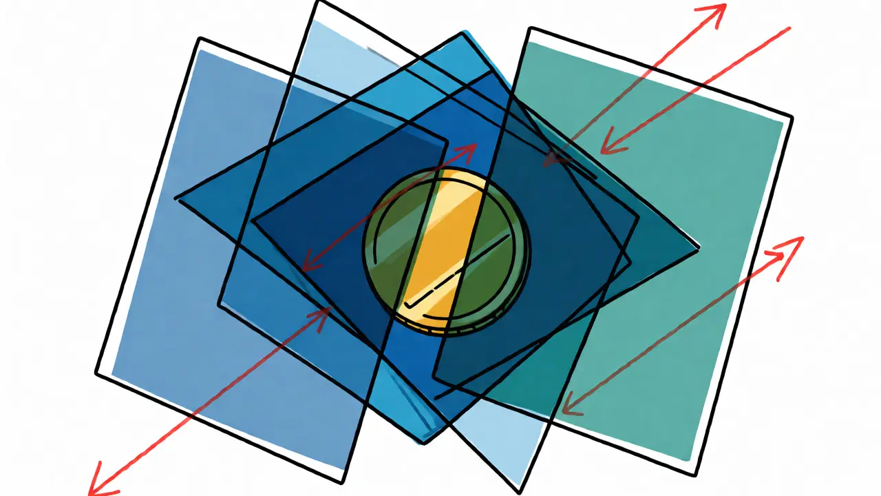 Abstract constructivist illustration showing layered shapes obscuring a central coin for privacy.