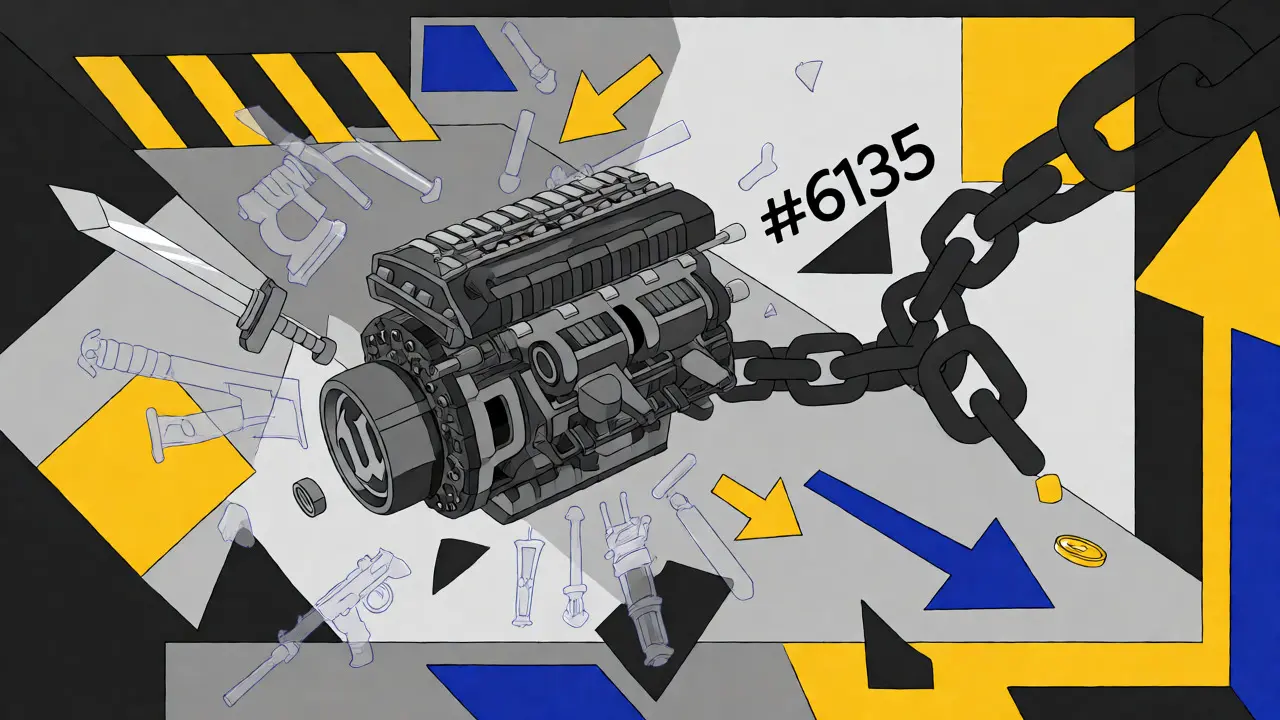Abstract geometric art showing an unfinished engine and isolated coin linked by chains.
