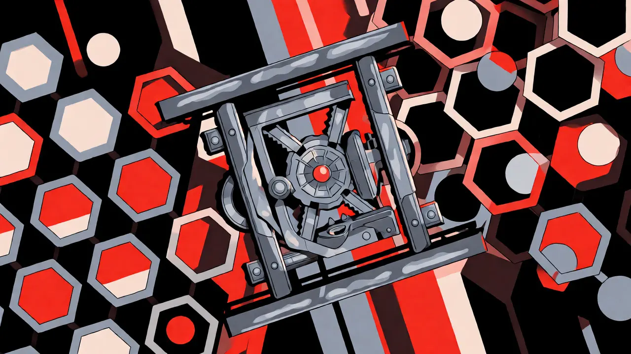 Abstract illustration of native tokens moving directly between two blockchain networks via a mechanical bridge.