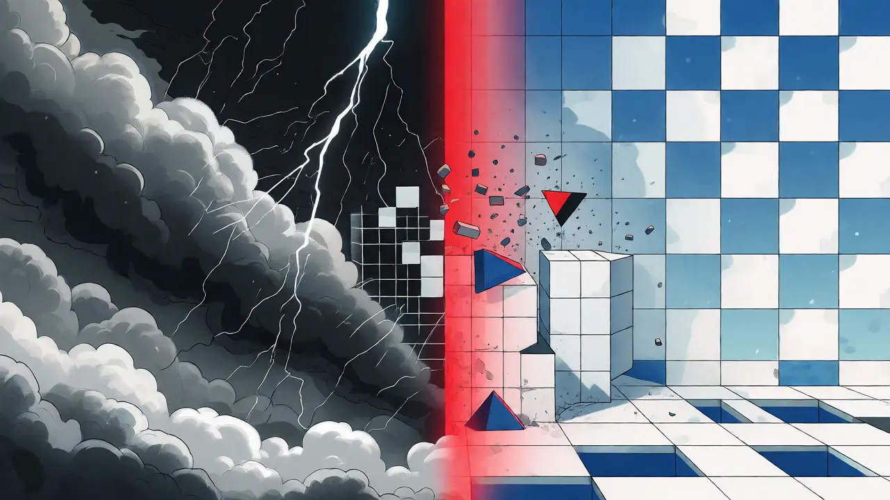 Abstract split scene depicting market fear versus potential order