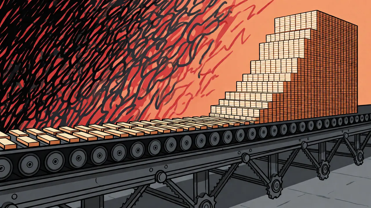 Automated blocks merging into a large stack of digital tokens on a conveyor belt.