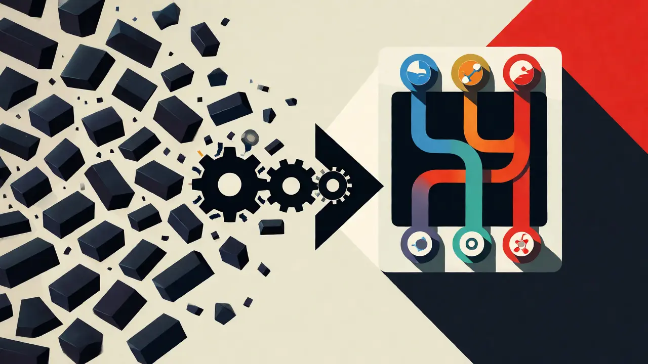 Constructivist art depicting the transition from fragmented chains to a unified interface.
