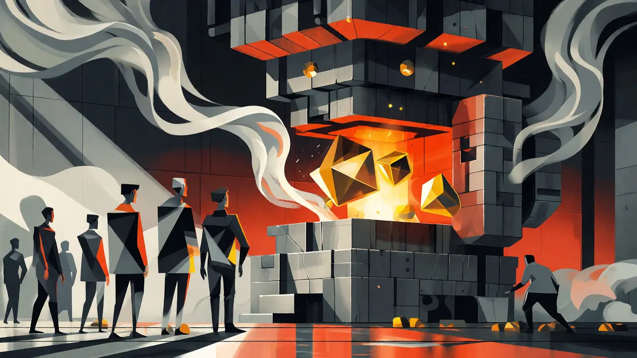 Constructivist art showing an industrial machine burning geometric gold cubes to represent token deflation.