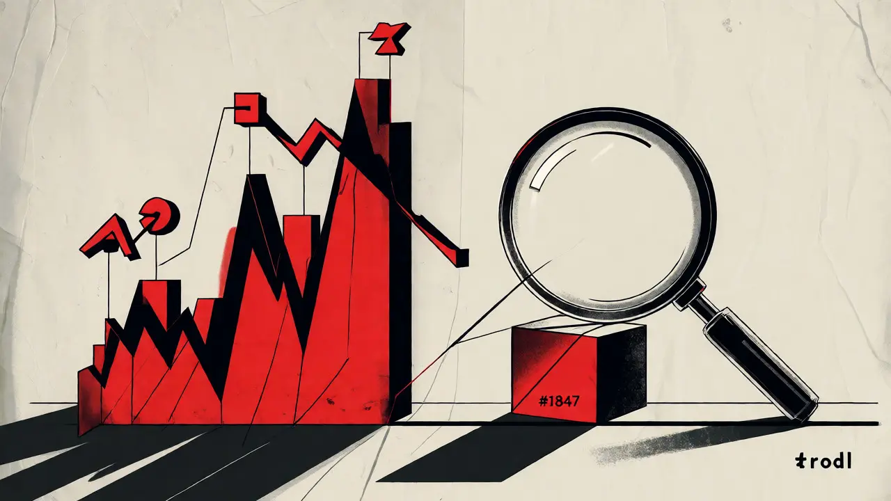 Constructivist split-screen comparing high hype graphs with a small, isolated market block.
