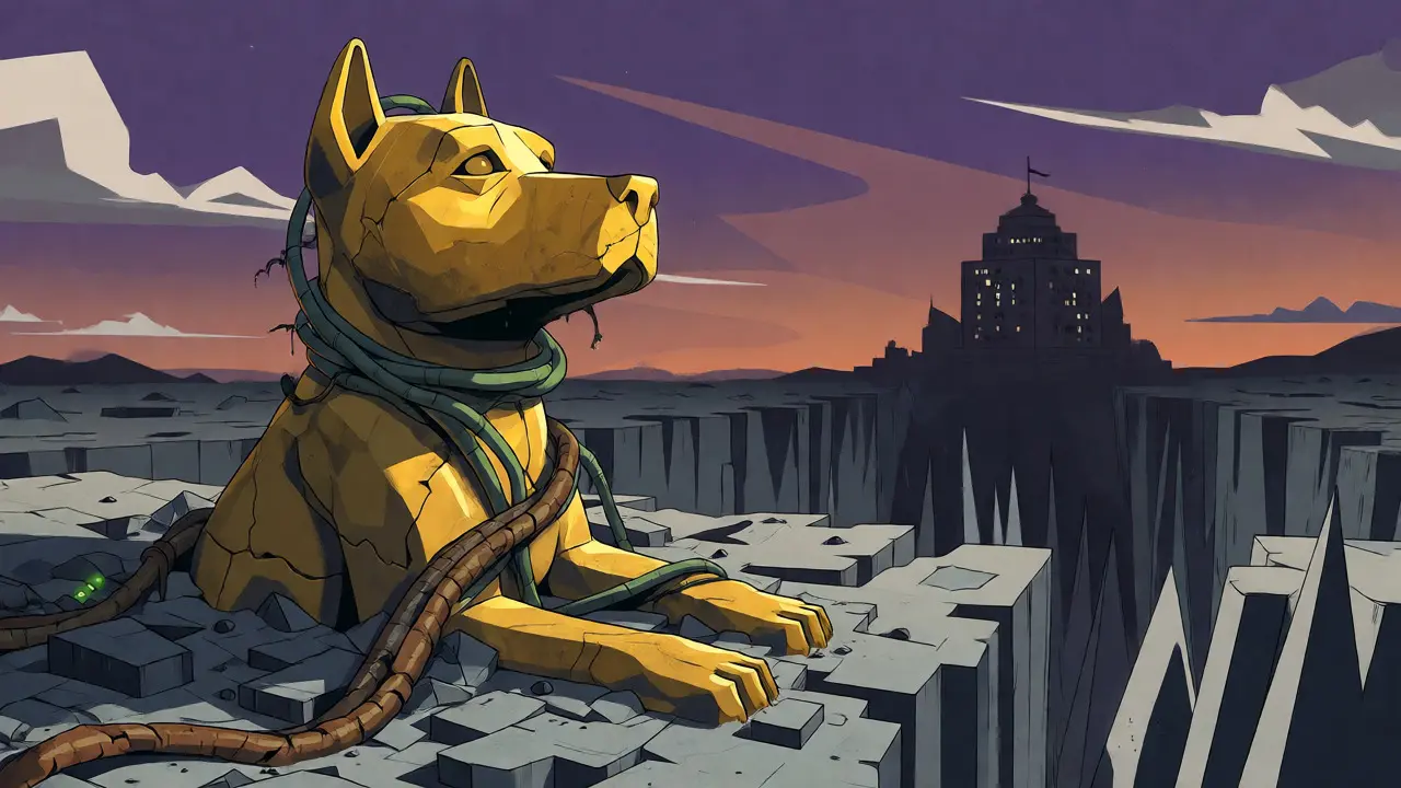 Cracked golden dog statue in digital desert with cable vines