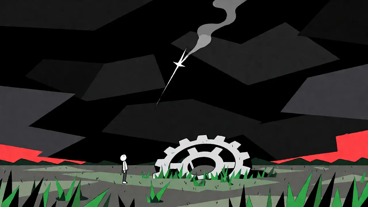 Desolate landscape with an abandoned gear under a heavy polygonal sky representing lost community.