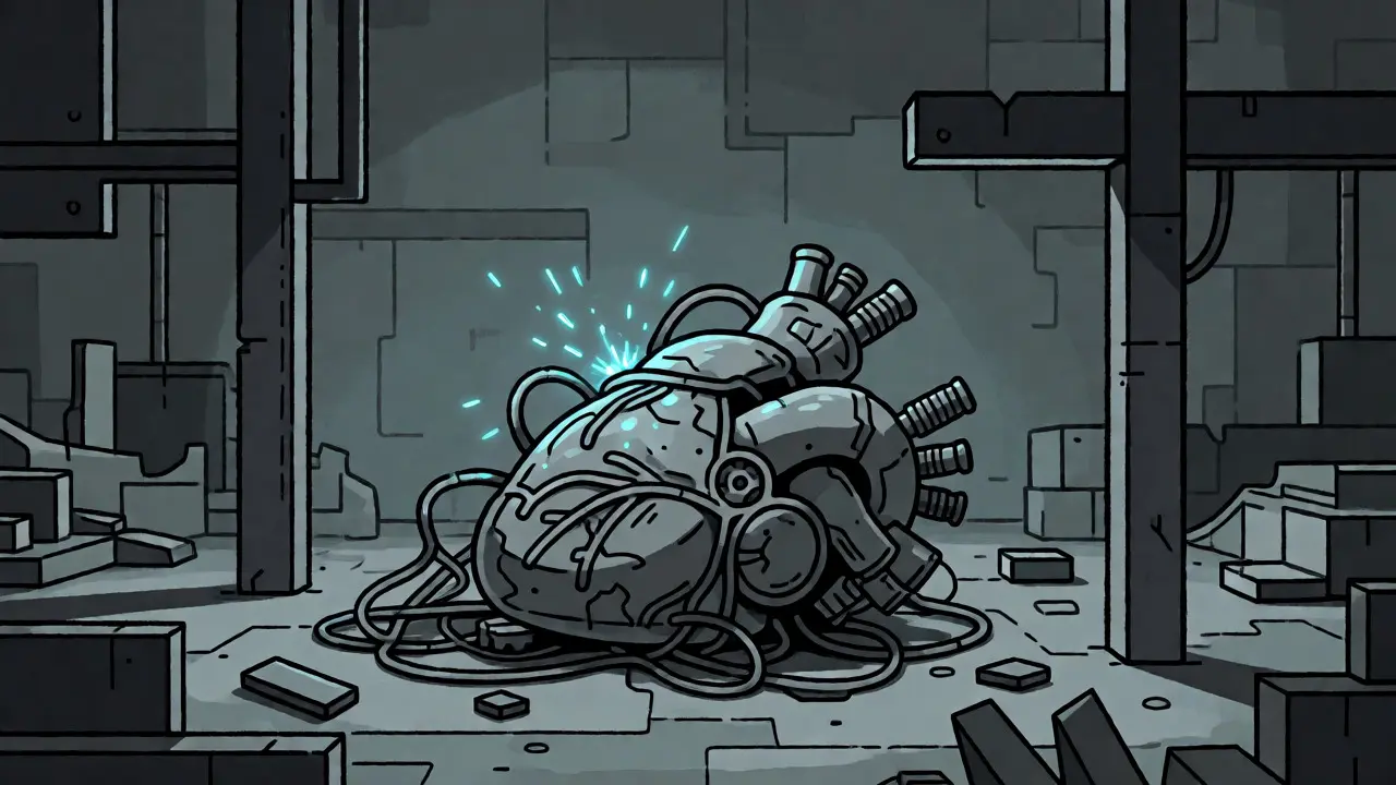 Dormant mechanical heart with small sparks in an industrial constructivist setting.
