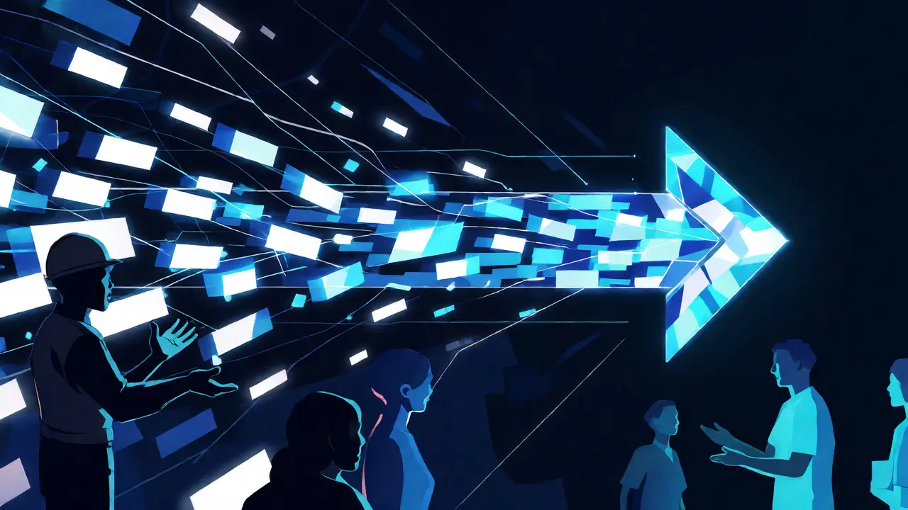 Dynamic geometric art showing stablecoins moving instantly across borders, bypassing traditional banks.