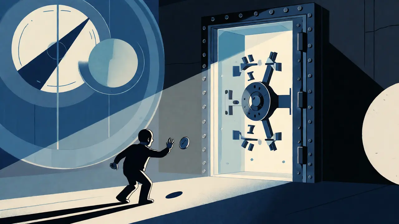Figure reaching for a floating token near a large, closed geometric vault