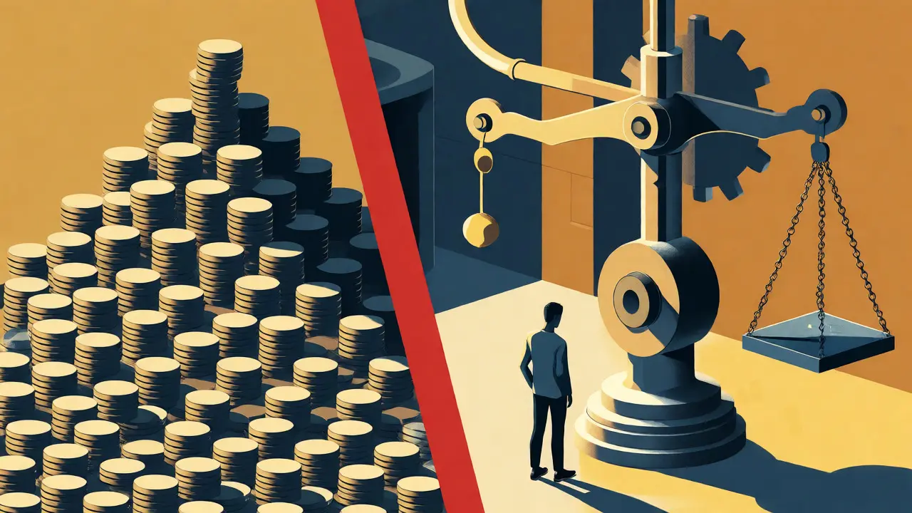 Figure weighing massive coin pile against tiny value speck