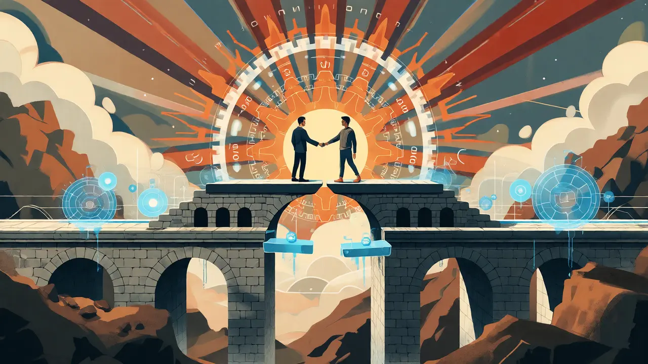 Futuristic constructivist scene depicting the merger of traditional banking bridges with digital blockchain networks.
