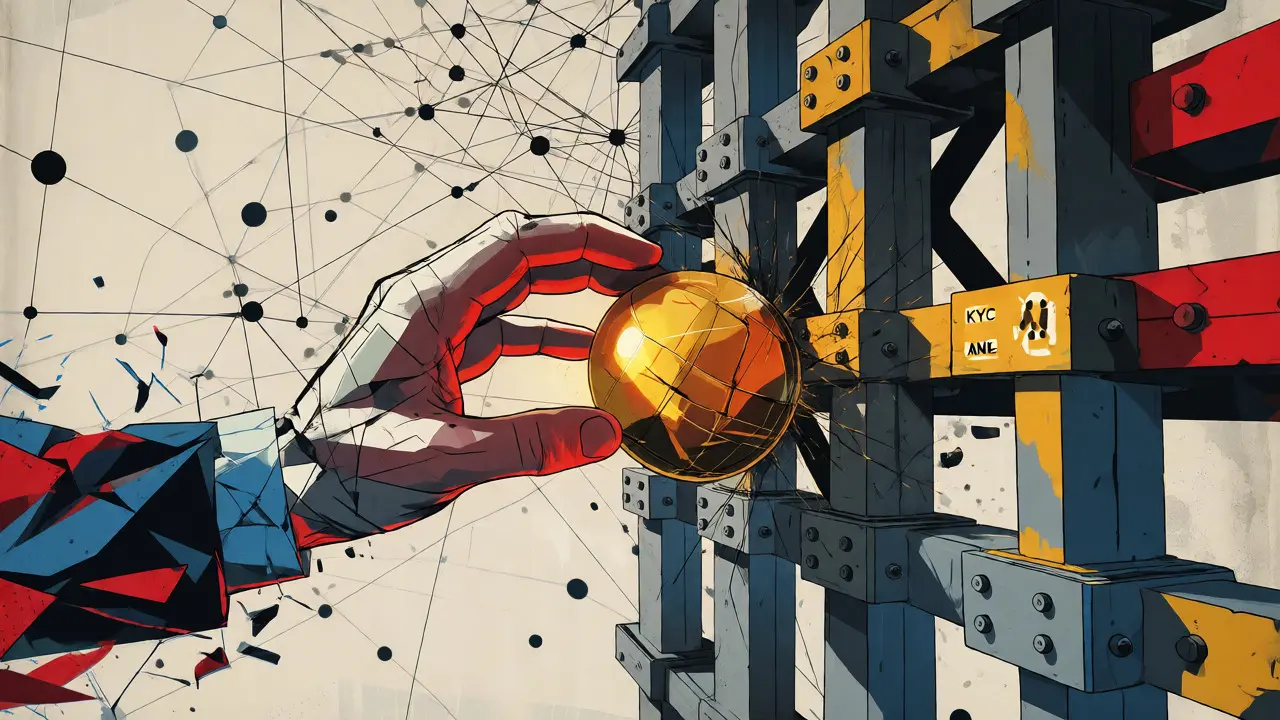 Geometric art showing digital assets hitting a barrier of KYC and AML checks.