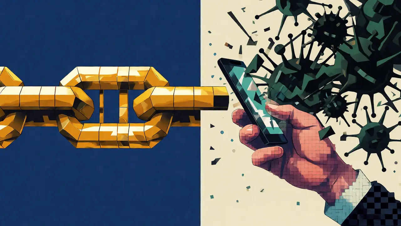 Geometric art showing malware attacking a phone before reaching the blockchain.