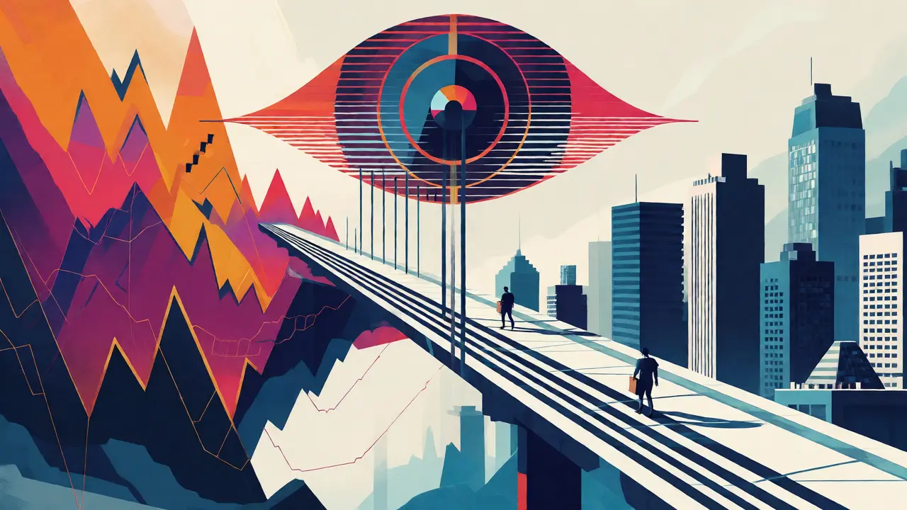 Illustration of a bridge connecting volatile crypto markets to regulated banking structures.