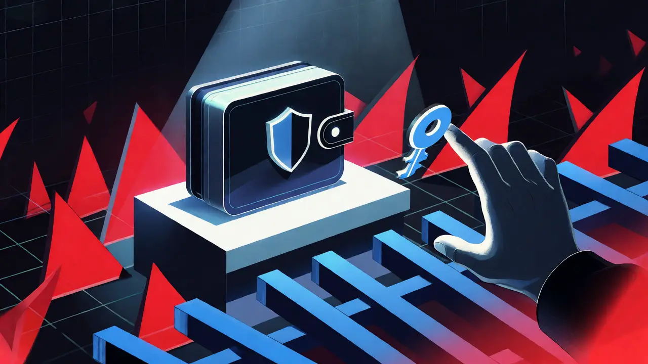 Illustration of a protected crypto wallet facing encroaching red geometric threat shapes in Constructivist style.