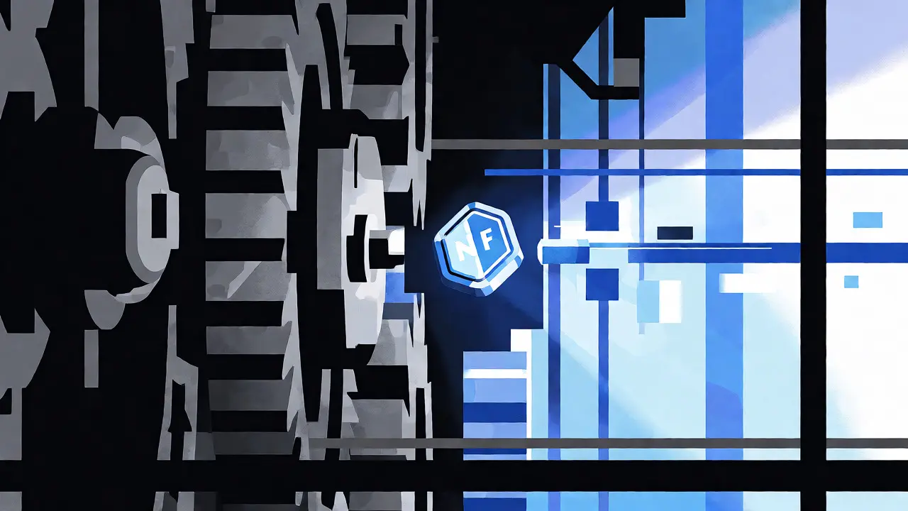 Industrial gears merging with digital crystals around a central NFT token.